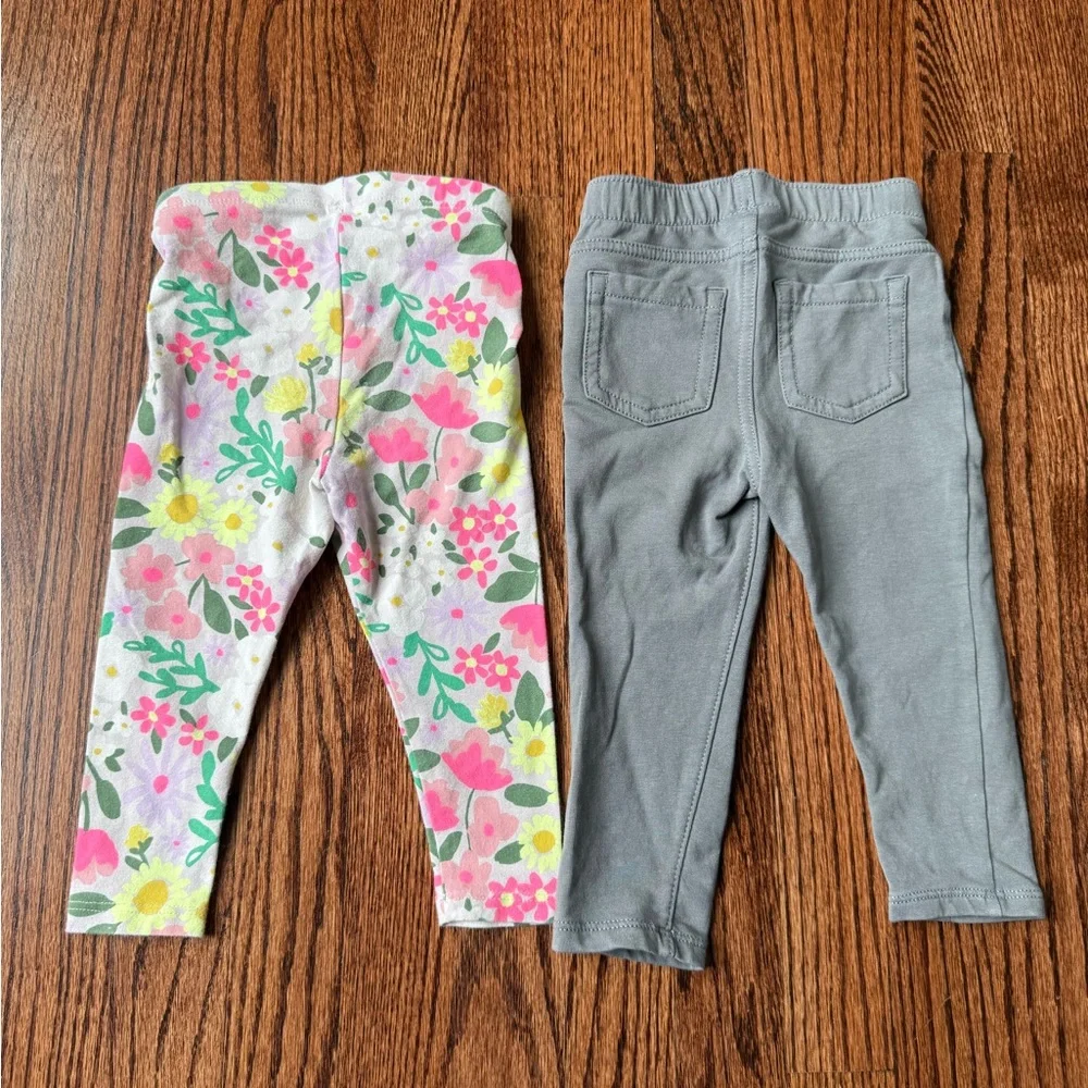 2 Pair Set Cat & Jack Floral & Gray Baby Girl Leggings - Size 18 months